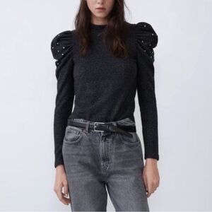 Zara Charcoal Jeweled Puff Sleeve Blouse